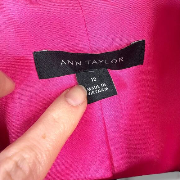 Ann Taylor NWOT The Cutaway Pink Red Fringe Tweed Open Front Jacket Size 12 - Picture 5 of 10